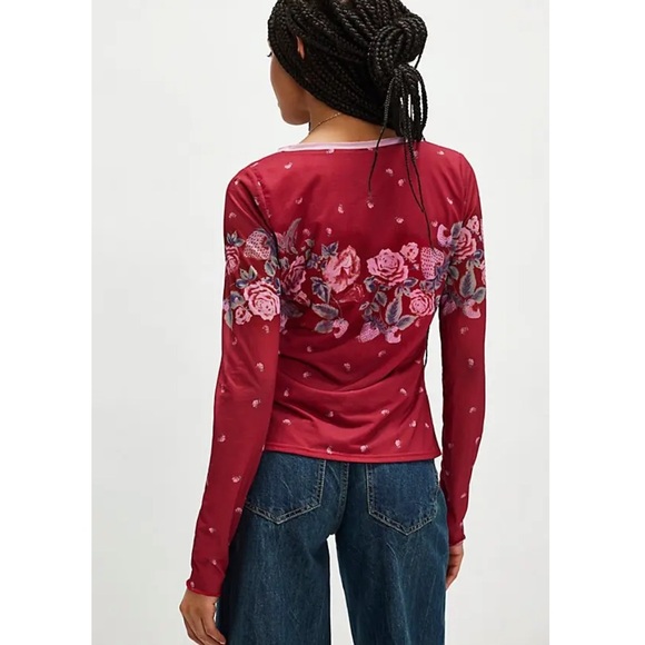 FREE PEOPLE Home Grown Floral Majenta Combo Button-Up Women's Mesh Cardigan - Picture 2 of 6